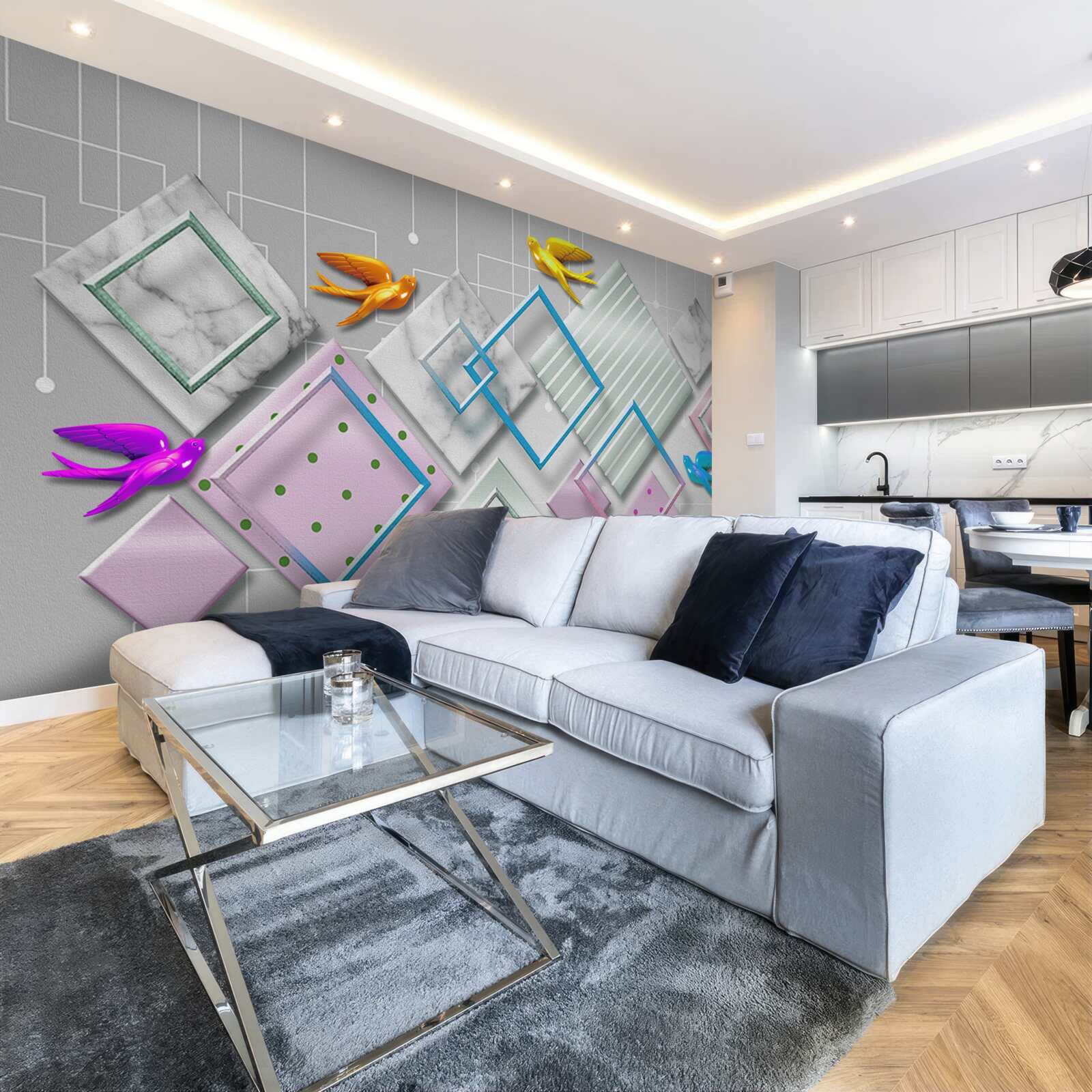 Fotobehang veelkleurige abstractie van vogels en figuren