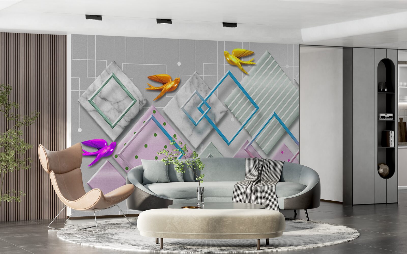 Fotobehang veelkleurige abstractie van vogels en figuren