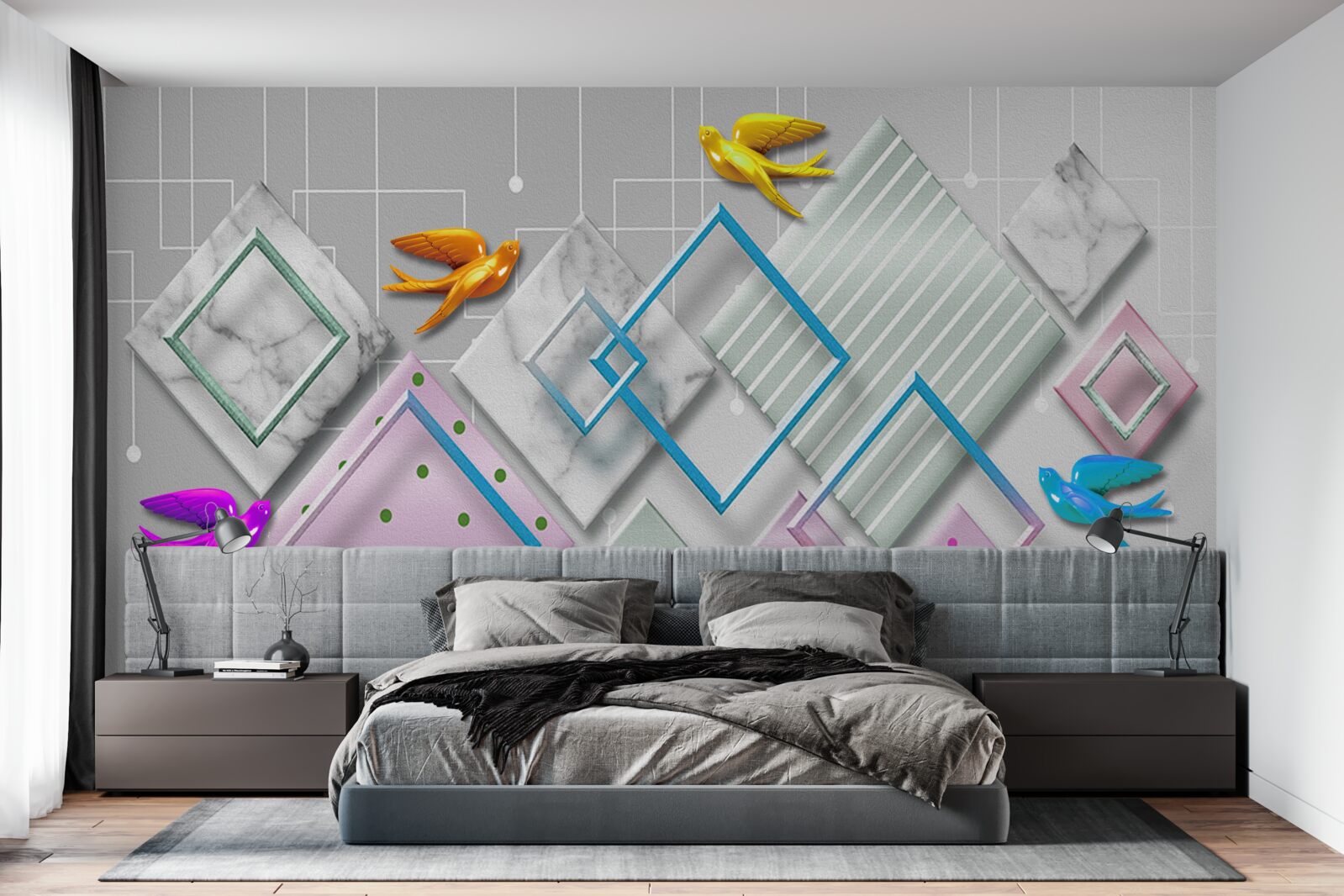 Fotobehang veelkleurige abstractie van vogels en figuren