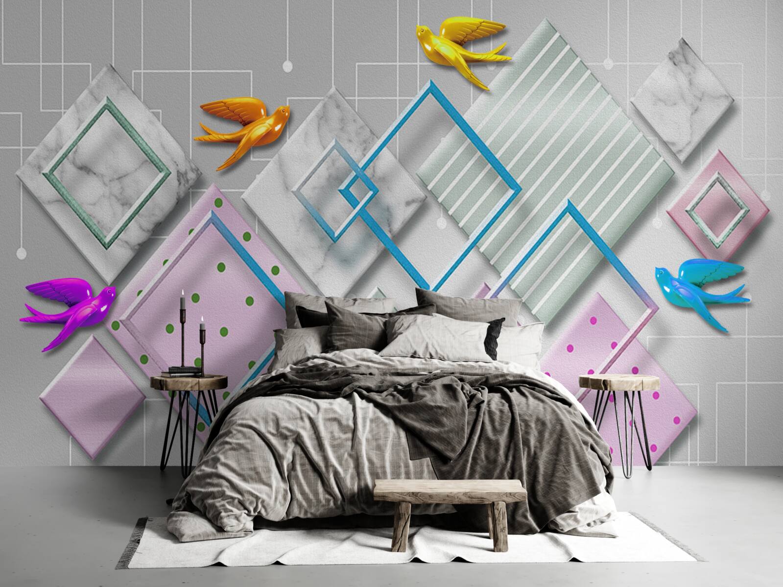 Fotobehang veelkleurige abstractie van vogels en figuren