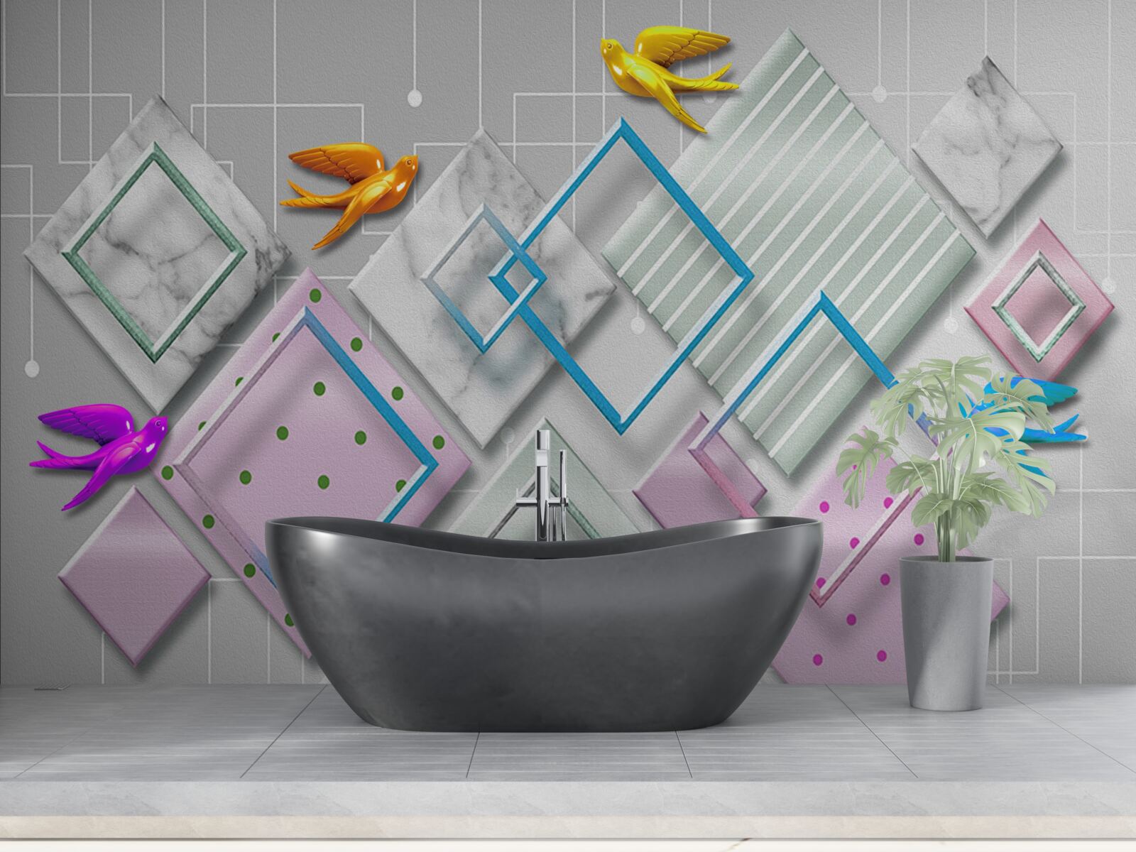 Fotobehang veelkleurige abstractie van vogels en figuren