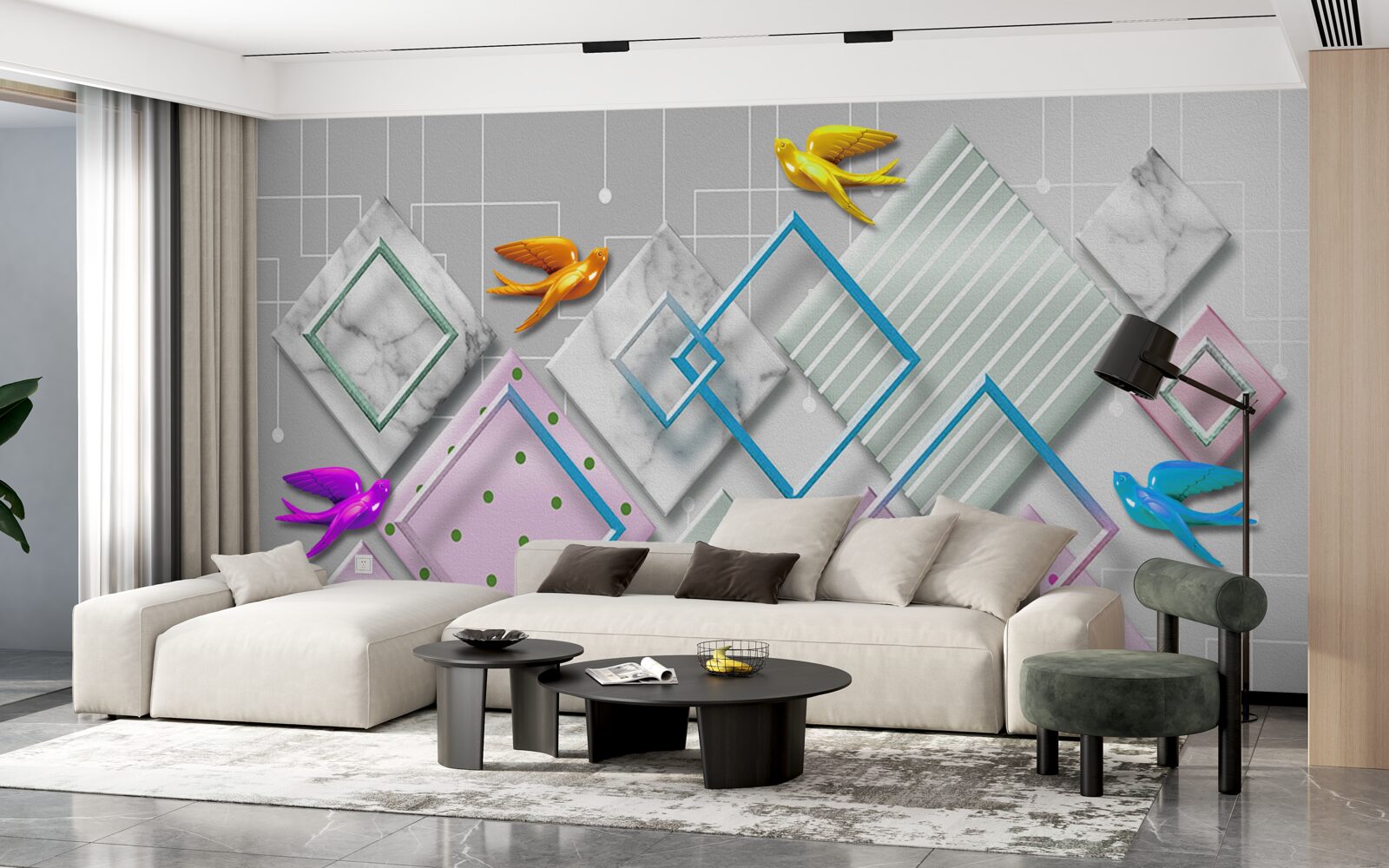 Fotobehang veelkleurige abstractie van vogels en figuren