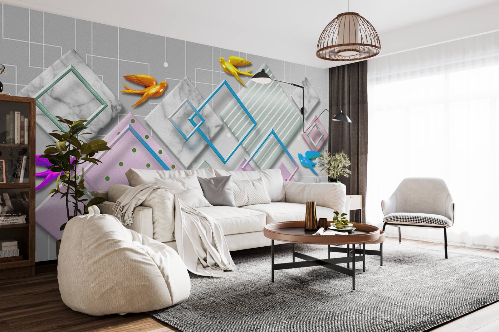 Fotobehang veelkleurige abstractie van vogels en figuren