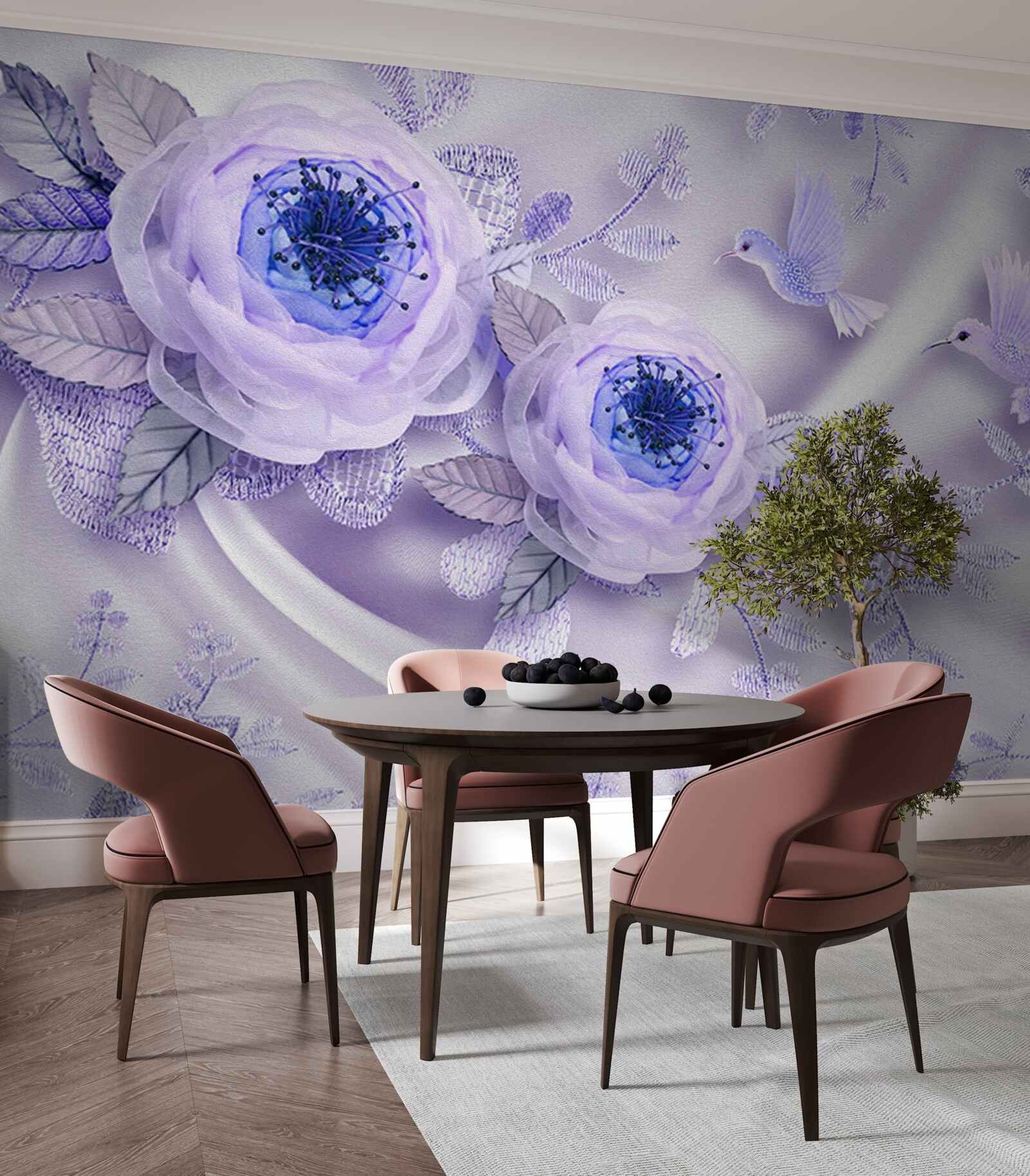 Fotobehang diamanten sieren een witte roos op zijden stof