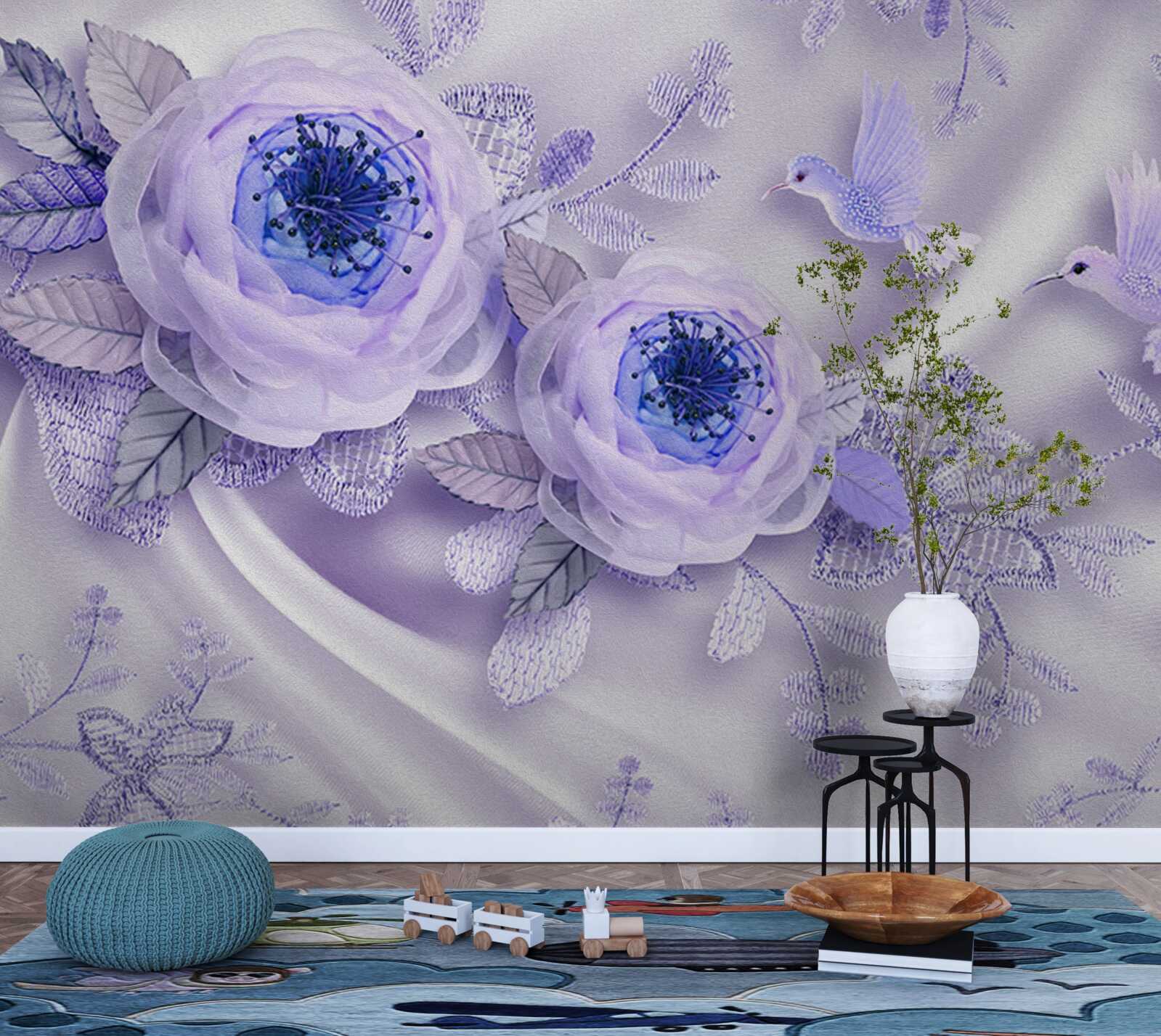 Fotobehang diamanten sieren een witte roos op zijden stof