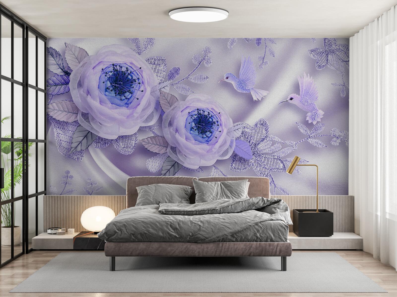 Fotobehang diamanten sieren een witte roos op zijden stof