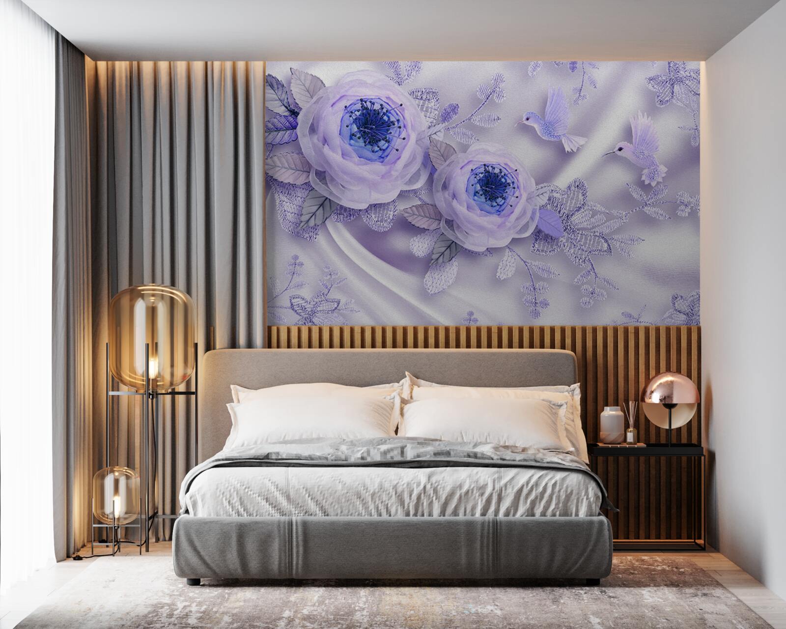 Fotobehang diamanten sieren een witte roos op zijden stof