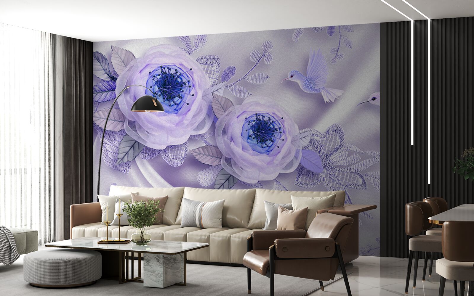 Fotobehang diamanten sieren een witte roos op zijden stof