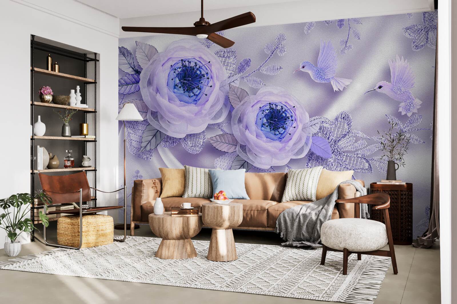 Fotobehang diamanten sieren een witte roos op zijden stof