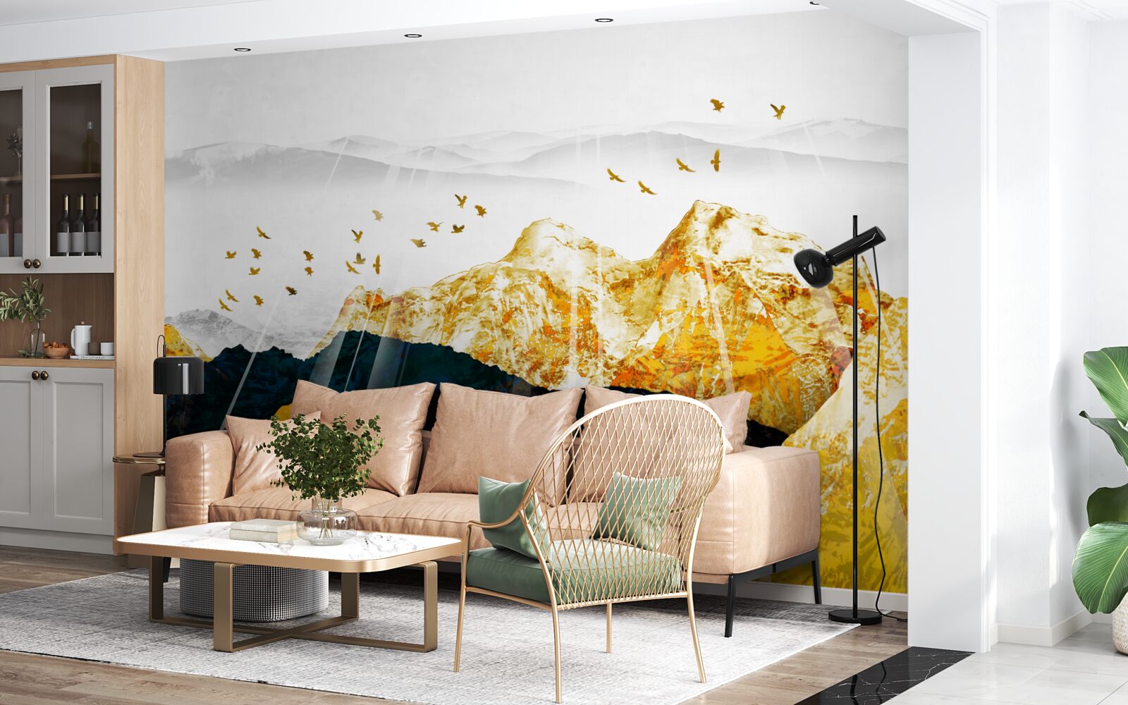 Fotobehang beelden van veranderende essen die een gouden bos verlichten