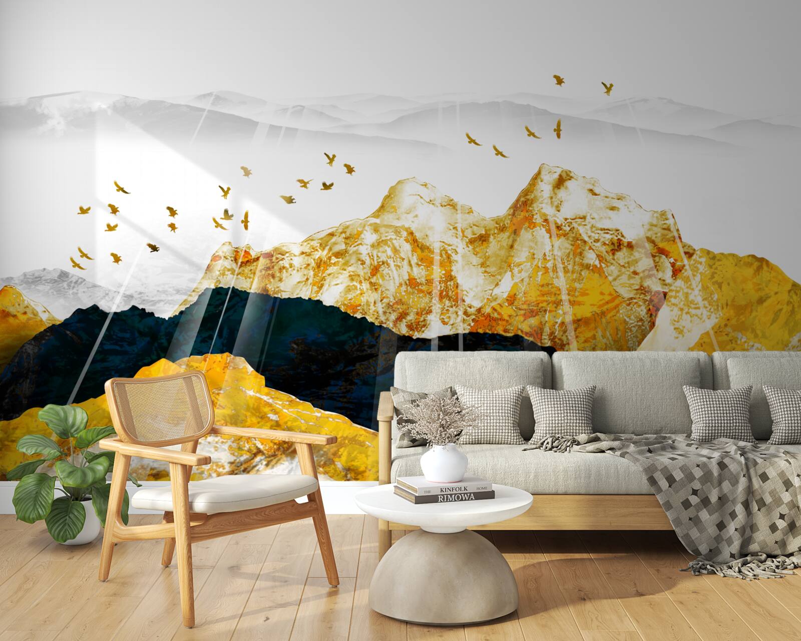 Fotobehang beelden van veranderende essen die een gouden bos verlichten