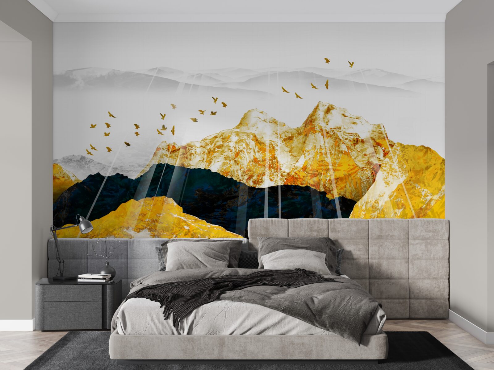 Fotobehang beelden van veranderende essen die een gouden bos verlichten