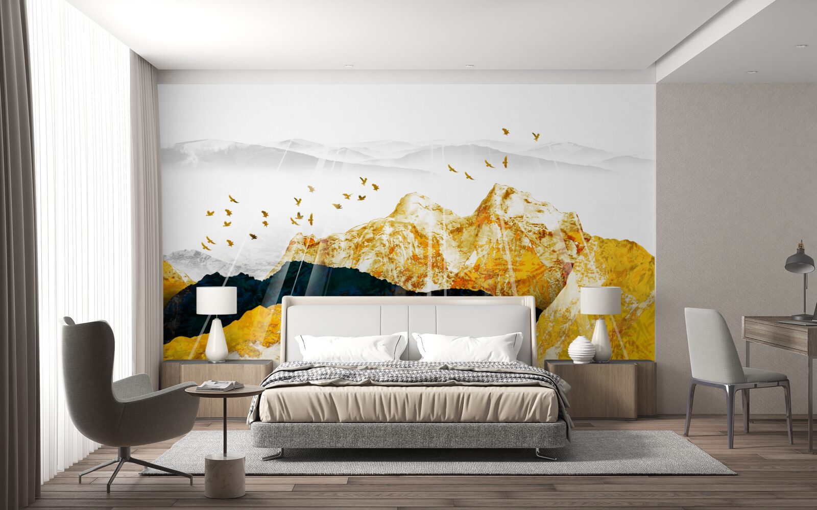 Fotobehang beelden van veranderende essen die een gouden bos verlichten