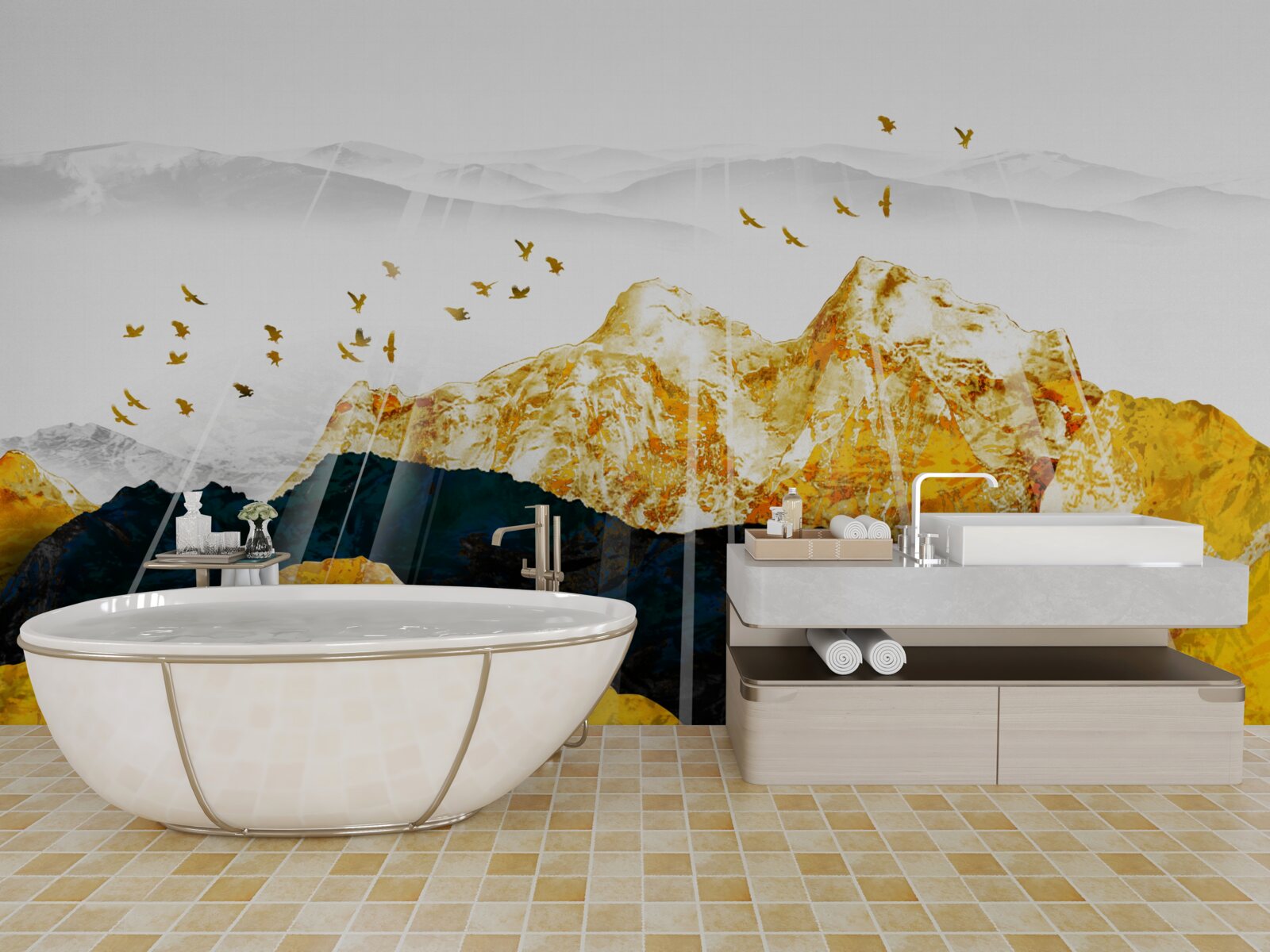 Fotobehang beelden van veranderende essen die een gouden bos verlichten