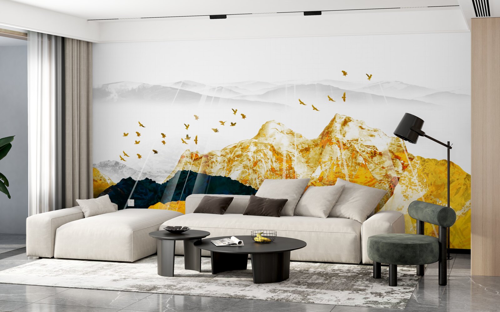 Fotobehang beelden van veranderende essen die een gouden bos verlichten