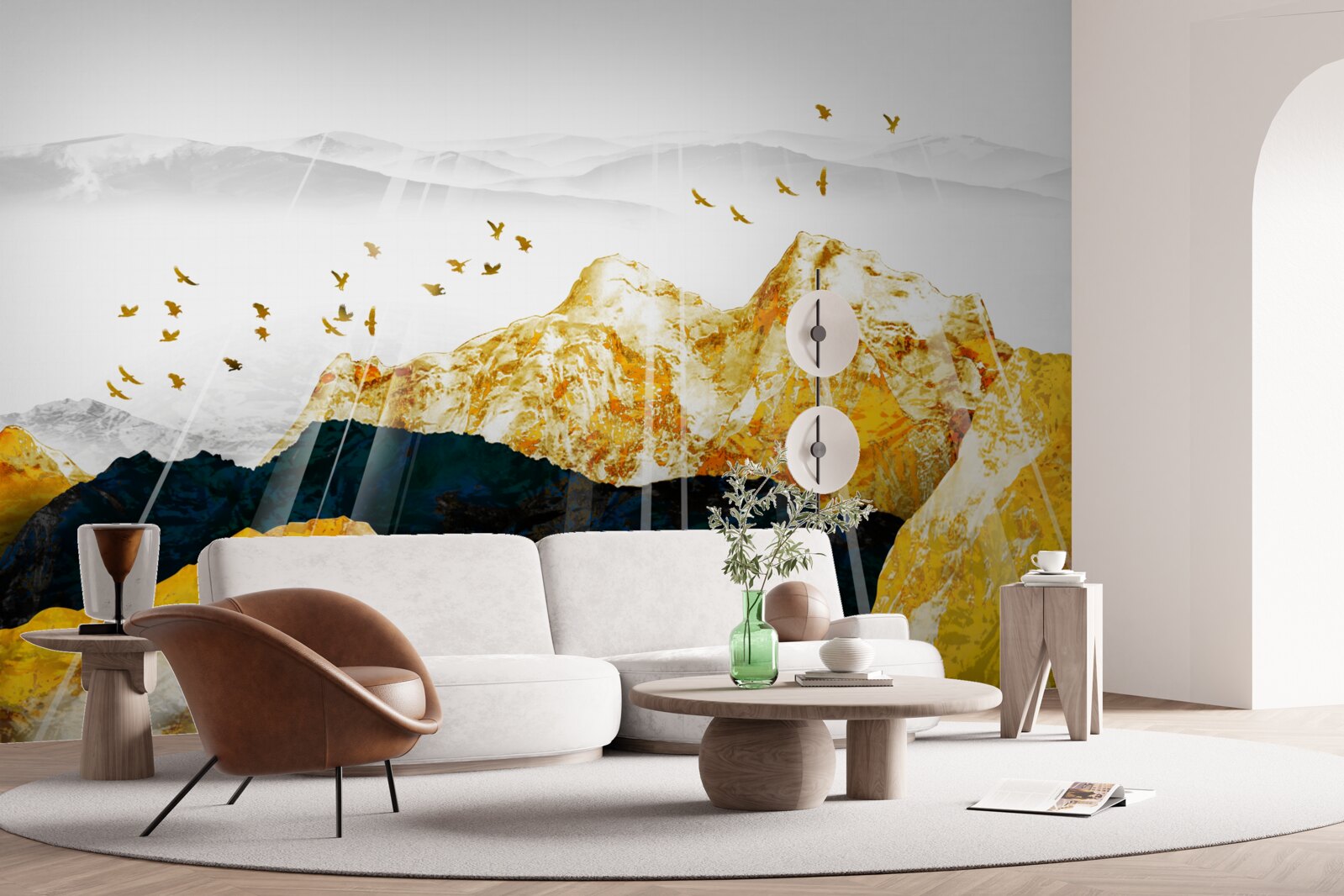 Fotobehang beelden van veranderende essen die een gouden bos verlichten