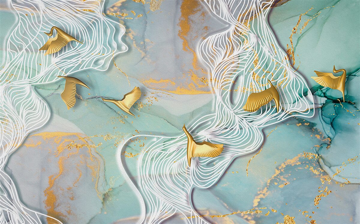 Fotobehang gouden vogels vliegen de lucht in