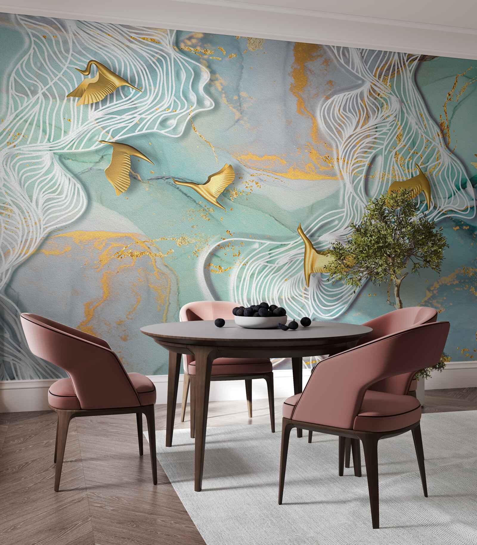 Fotobehang gouden vogels vliegen de lucht in