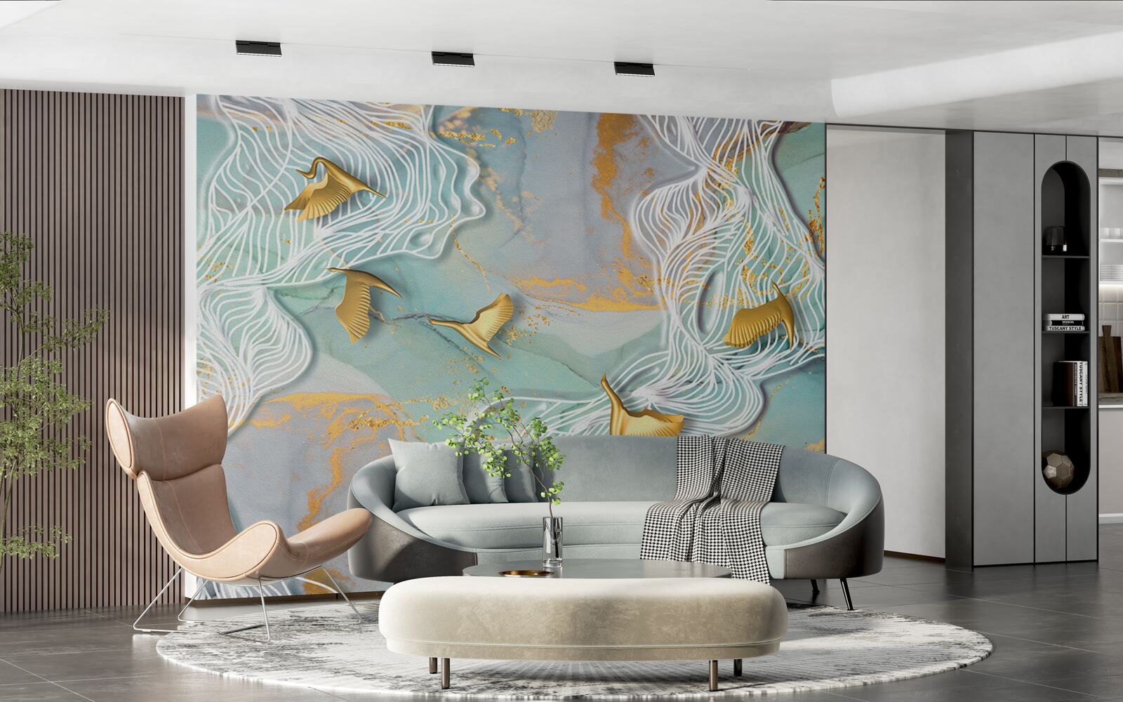 Fotobehang gouden vogels vliegen de lucht in