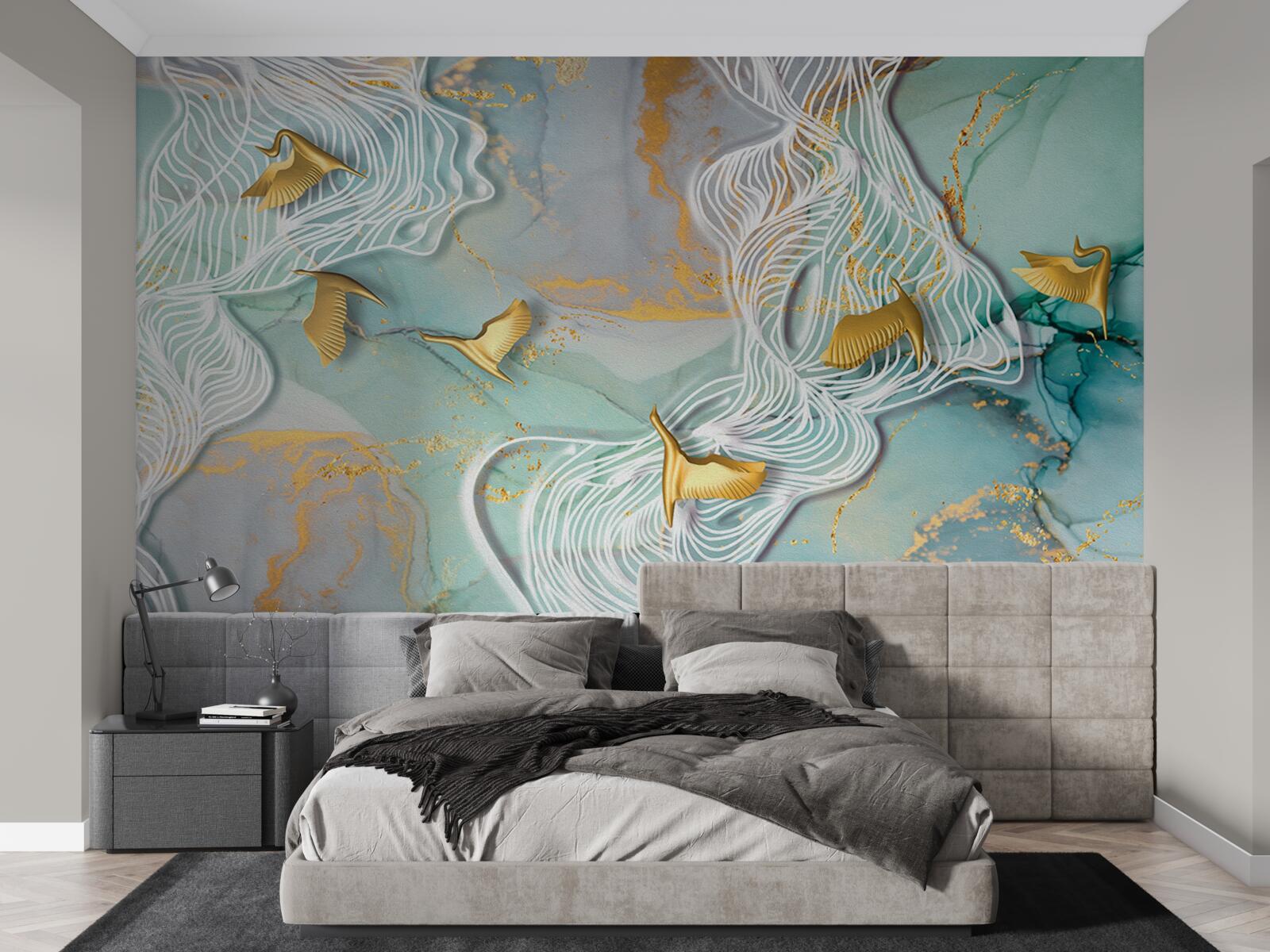 Fotobehang gouden vogels vliegen de lucht in