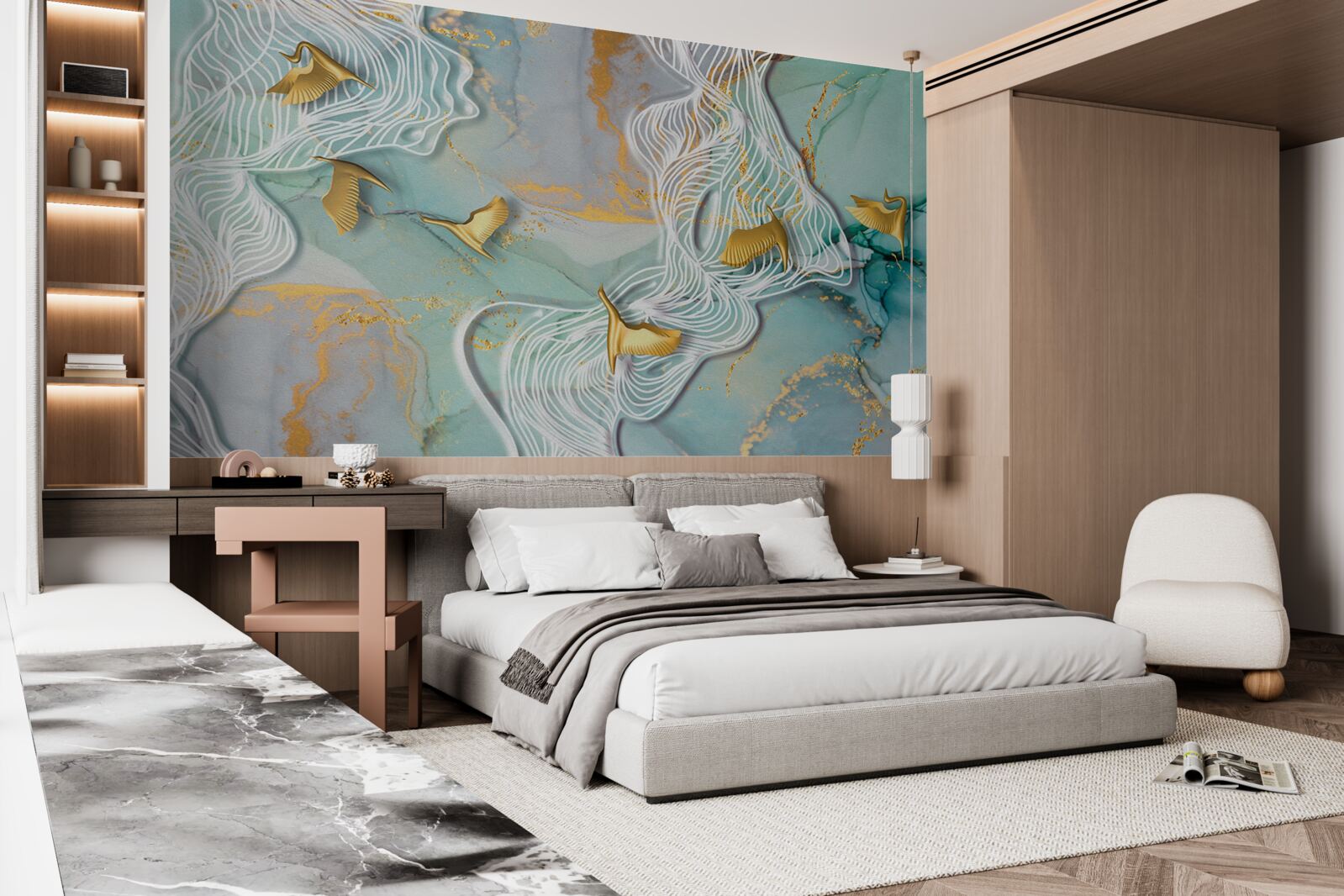 Fotobehang gouden vogels vliegen de lucht in