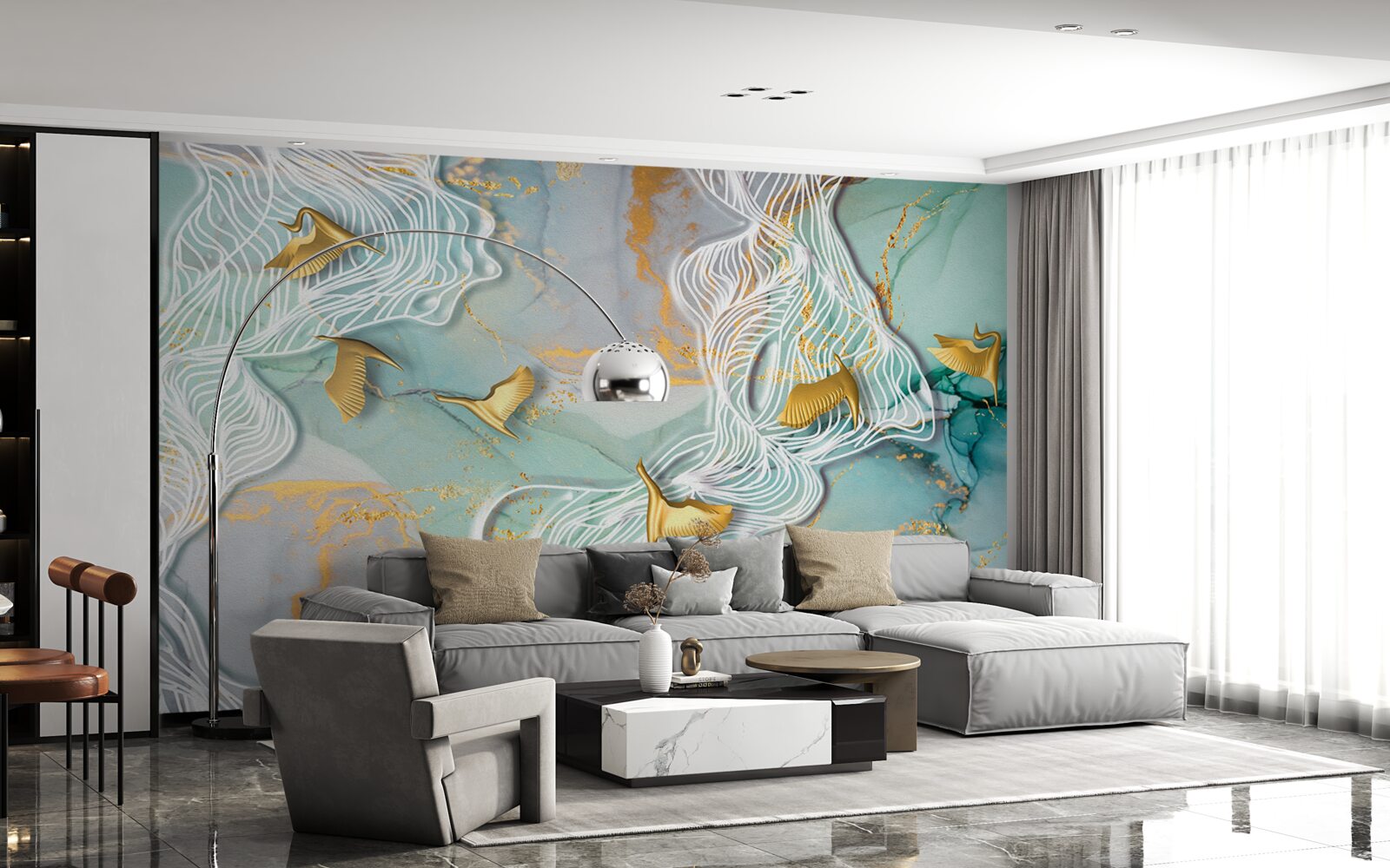 Fotobehang gouden vogels vliegen de lucht in