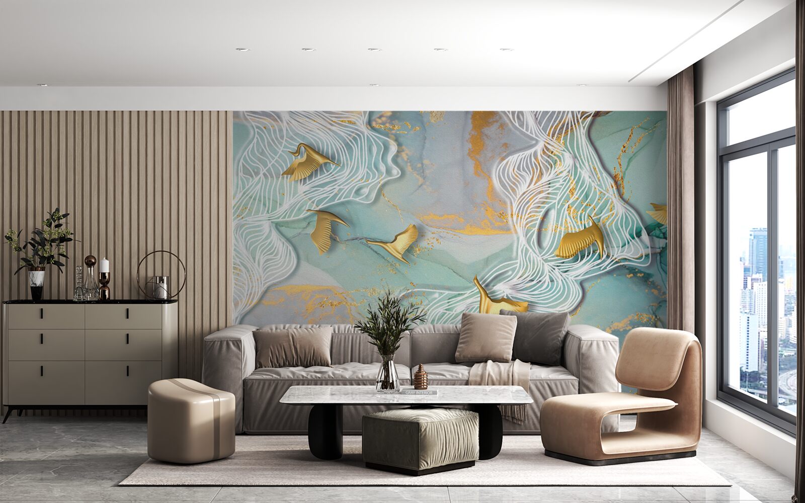 Fotobehang gouden vogels vliegen de lucht in