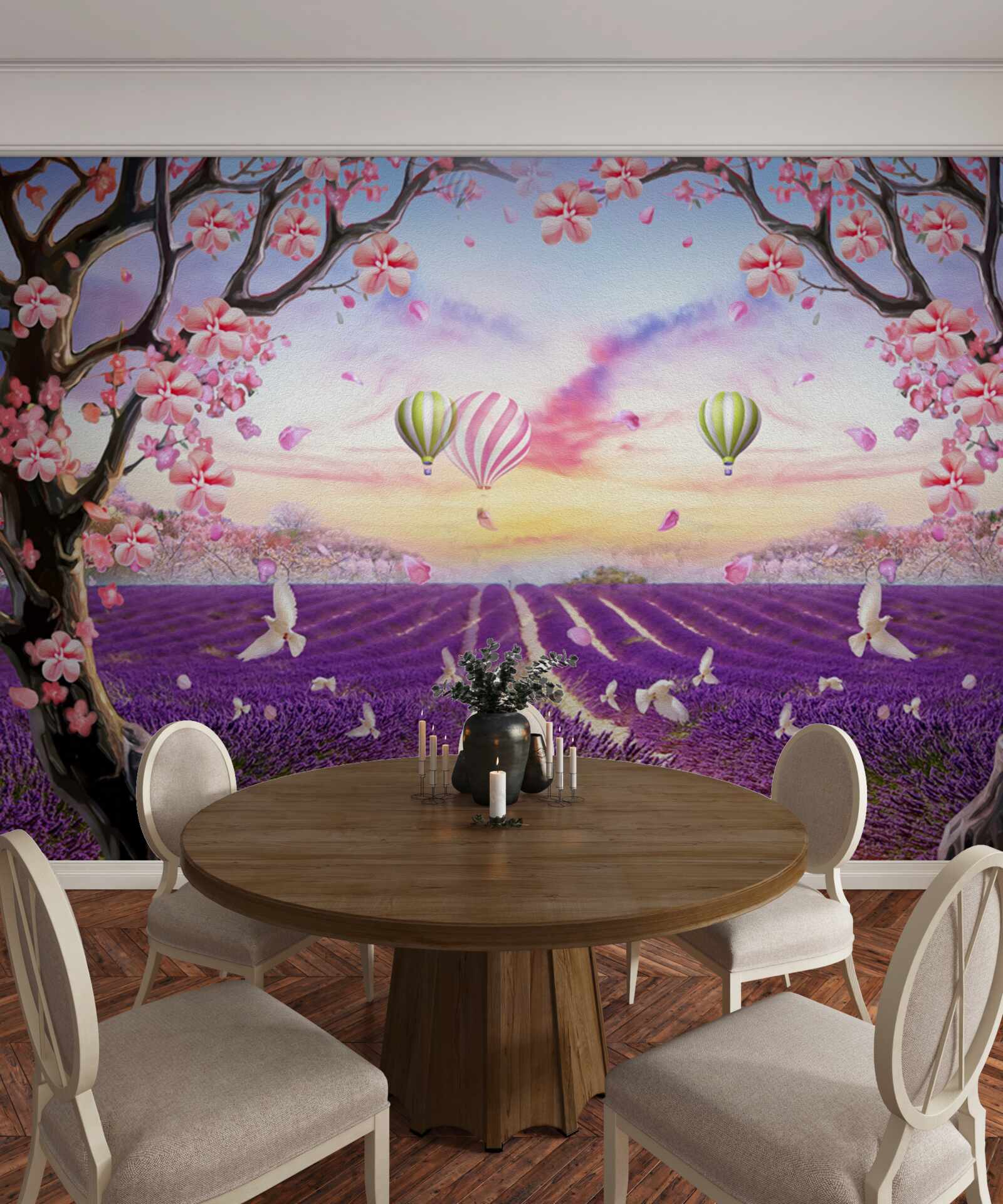 Fotobehang ballonnen zwevend boven lavendelvelden