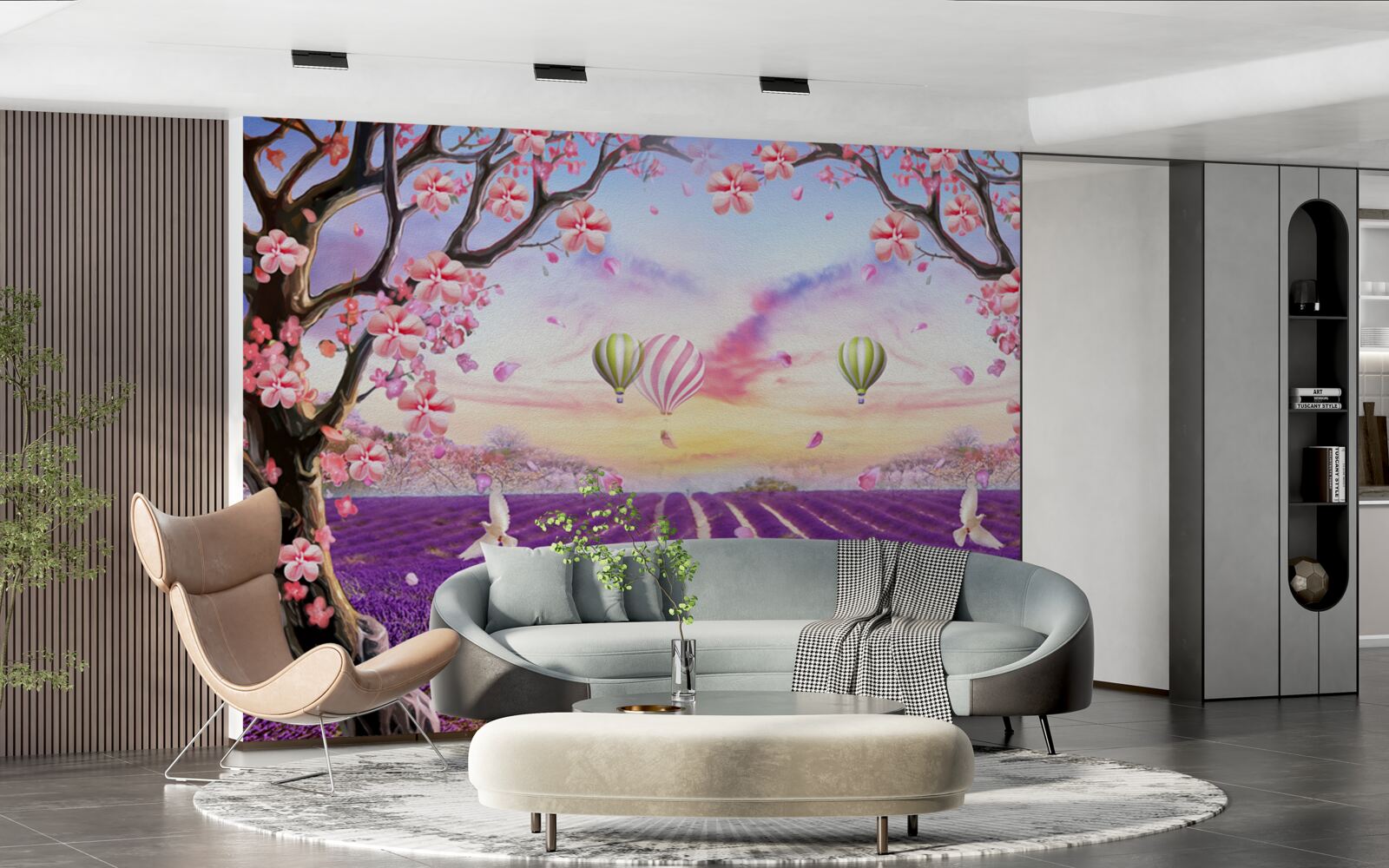 Fotobehang ballonnen zwevend boven lavendelvelden