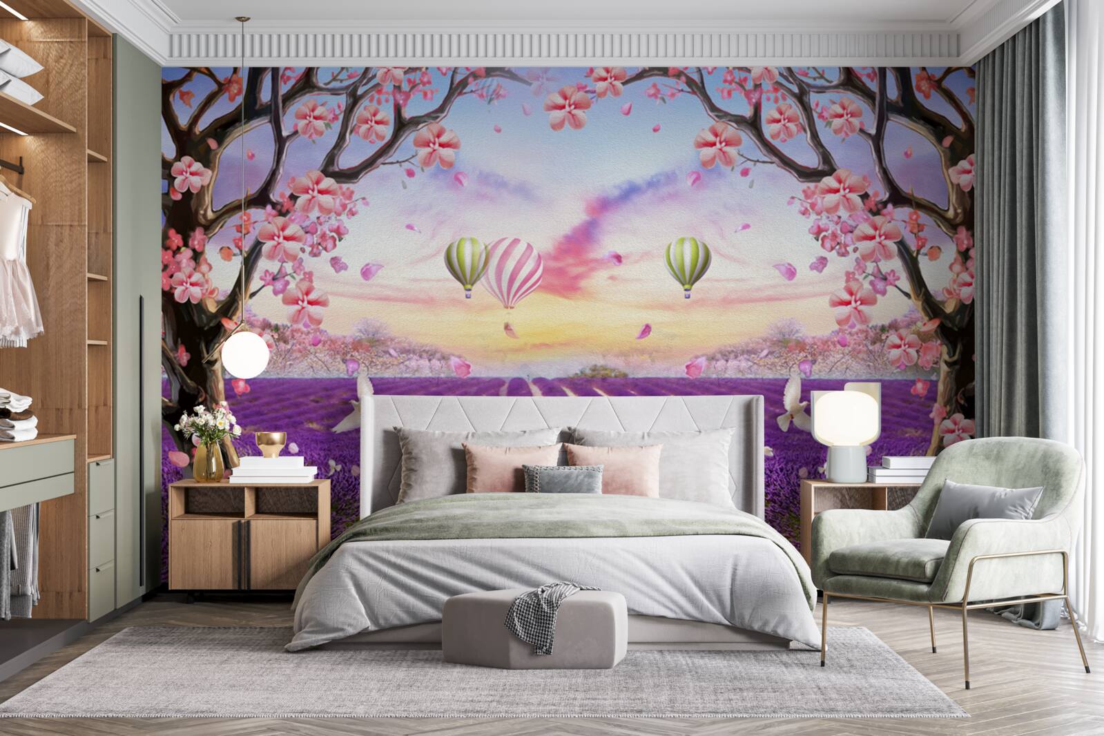 Fotobehang ballonnen zwevend boven lavendelvelden