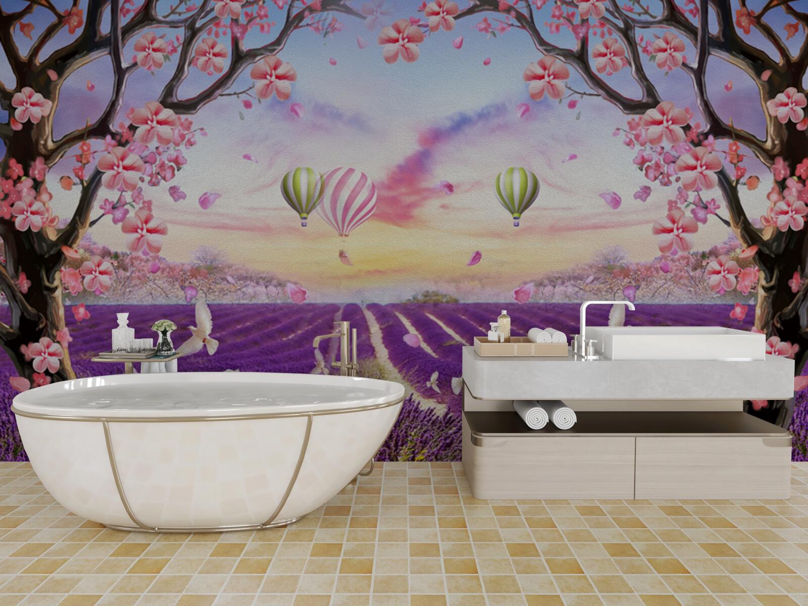 Fotobehang ballonnen zwevend boven lavendelvelden