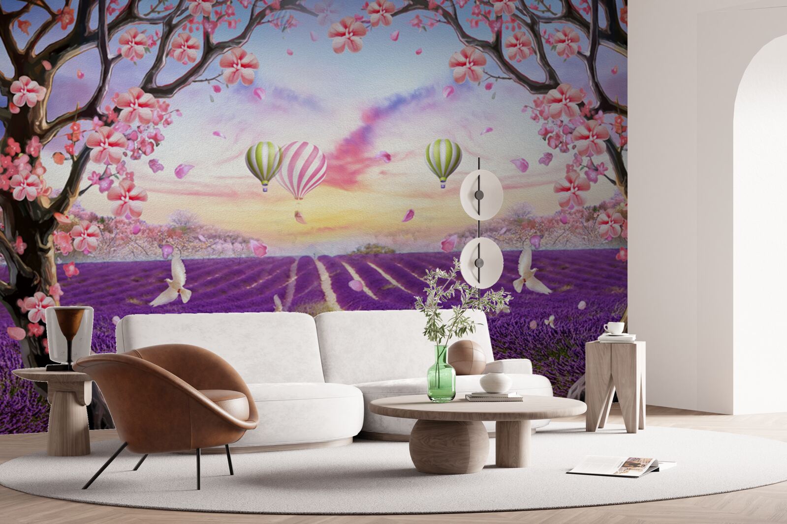 Fotobehang ballonnen zwevend boven lavendelvelden