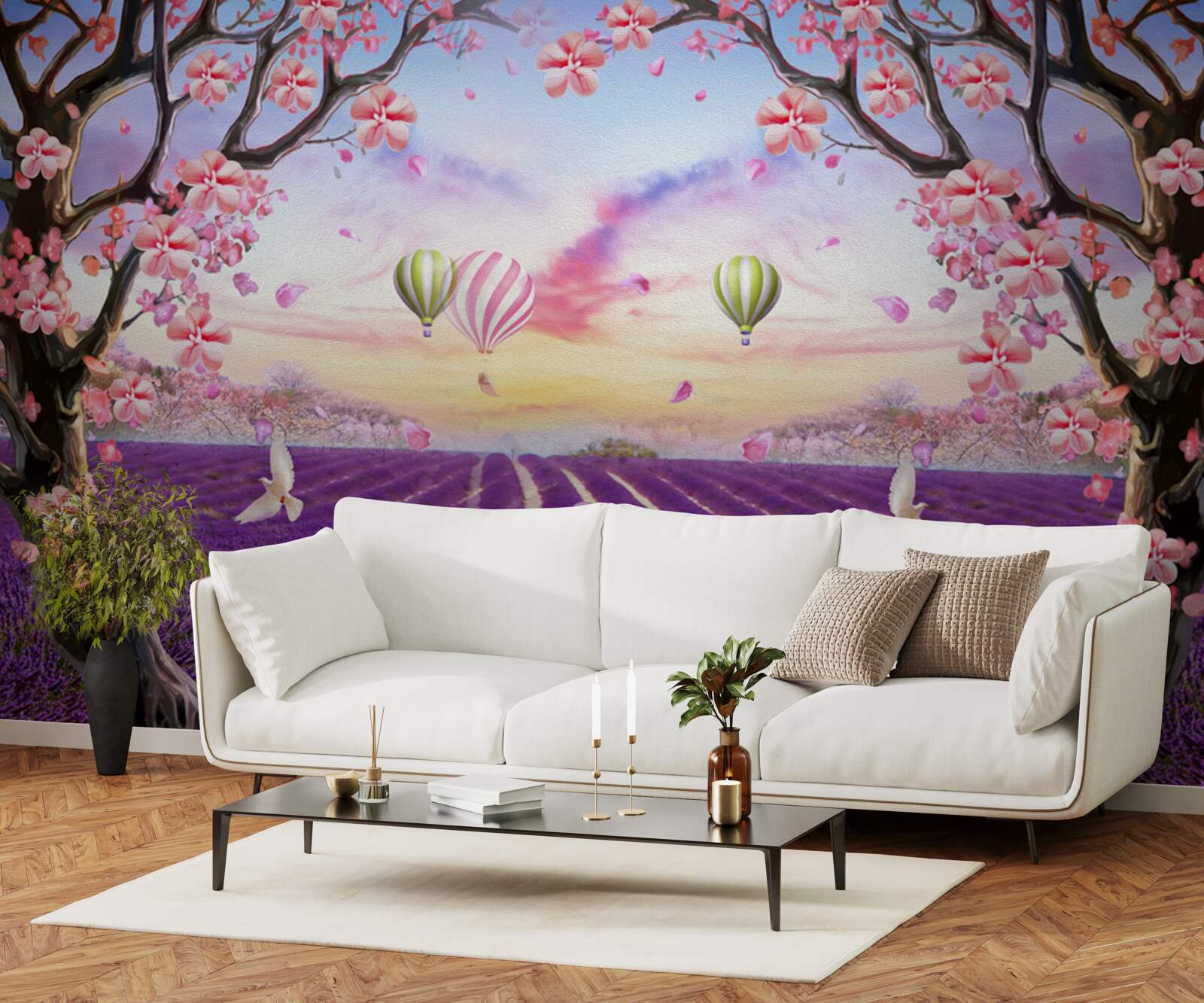 Fotobehang ballonnen zwevend boven lavendelvelden