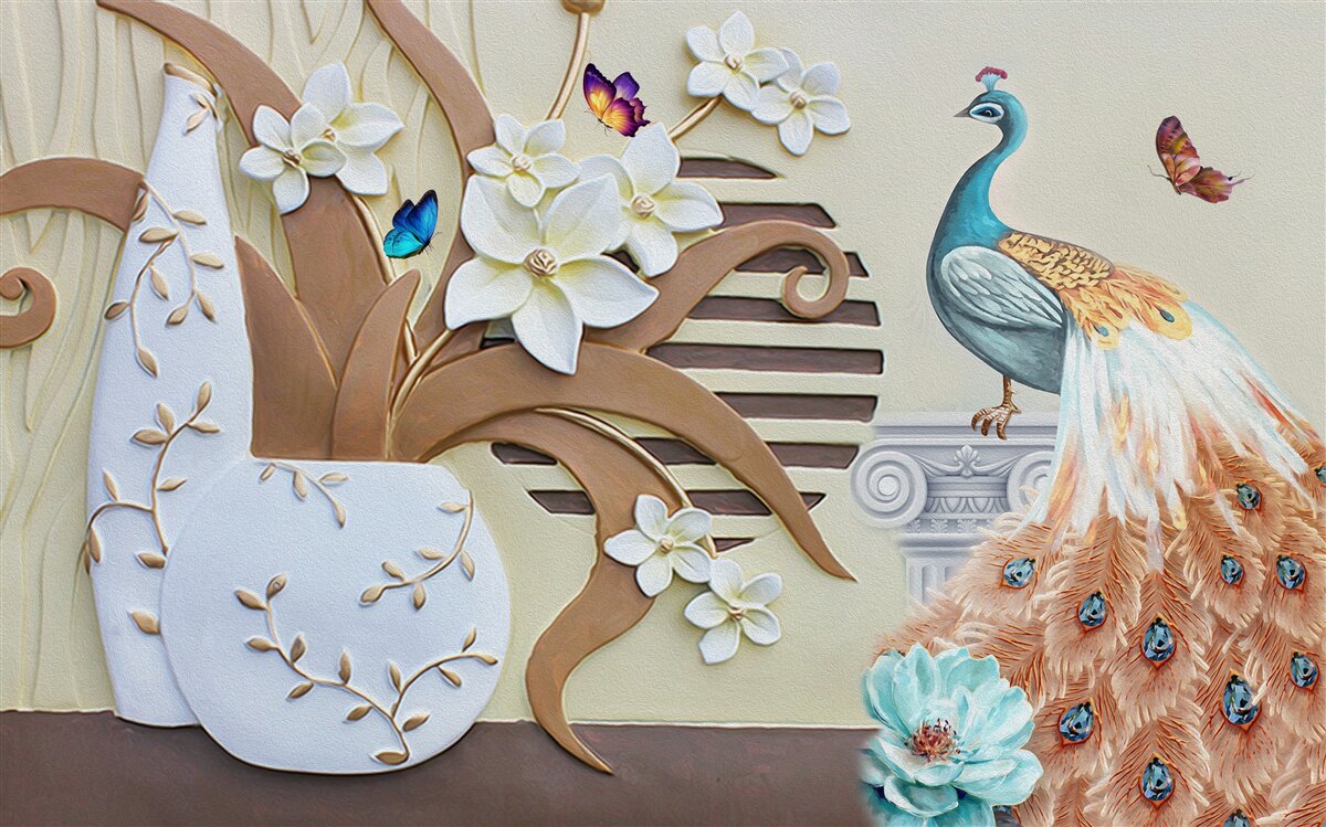 Fotobehang bloemenweelde en een pauw met een prachtige staart