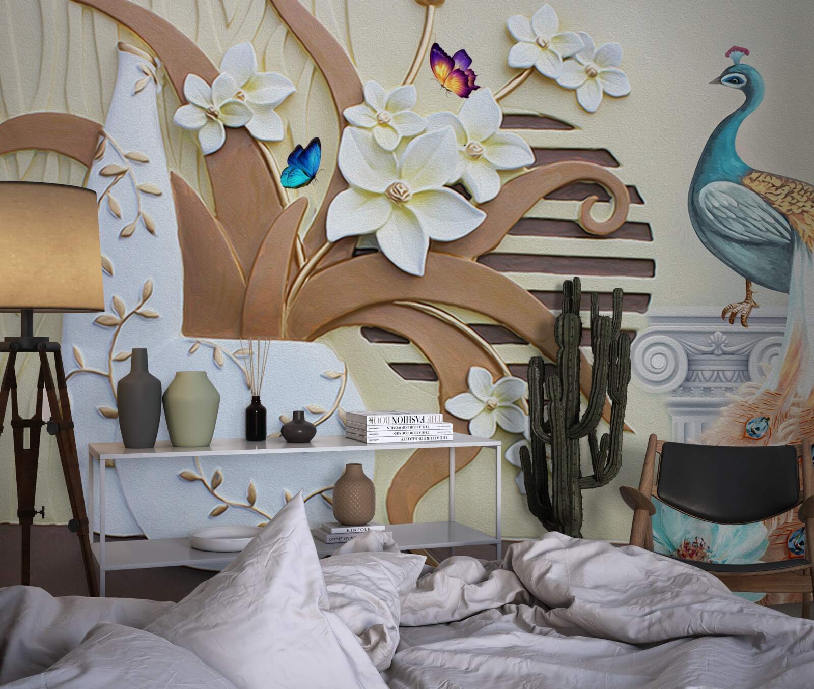 Fotobehang bloemenweelde en een pauw met een prachtige staart