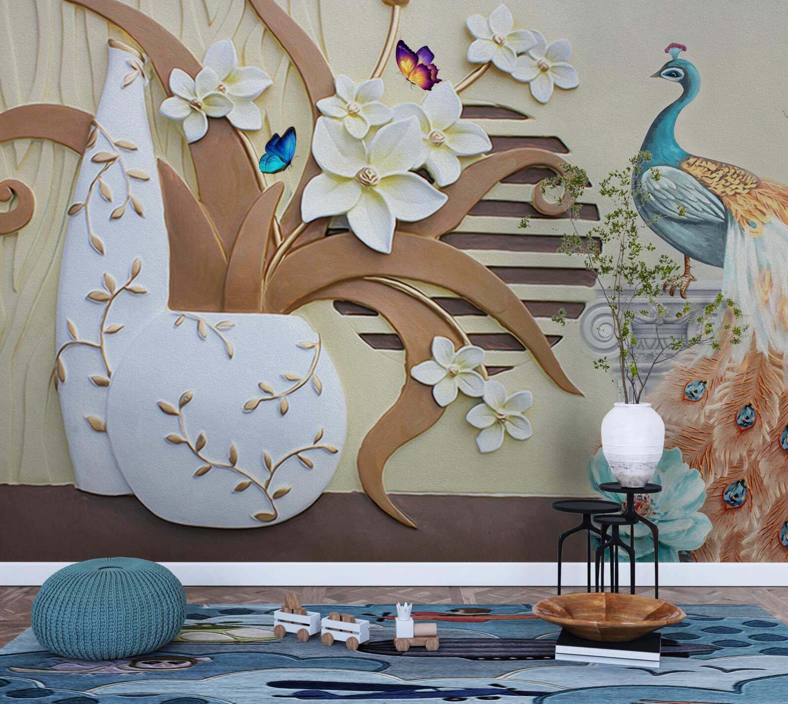 Fotobehang bloemenweelde en een pauw met een prachtige staart