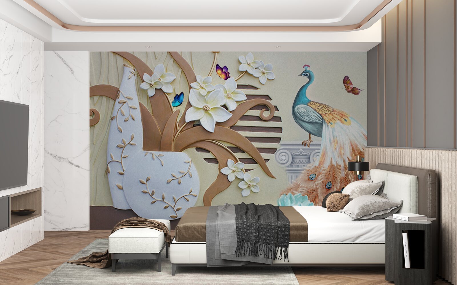 Fotobehang bloemenweelde en een pauw met een prachtige staart