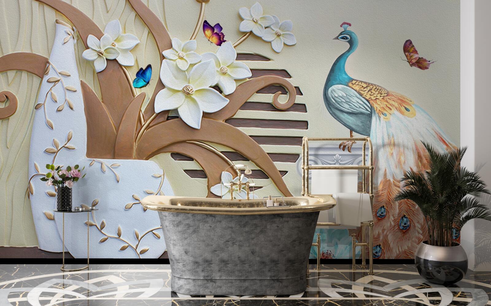 Fotobehang bloemenweelde en een pauw met een prachtige staart