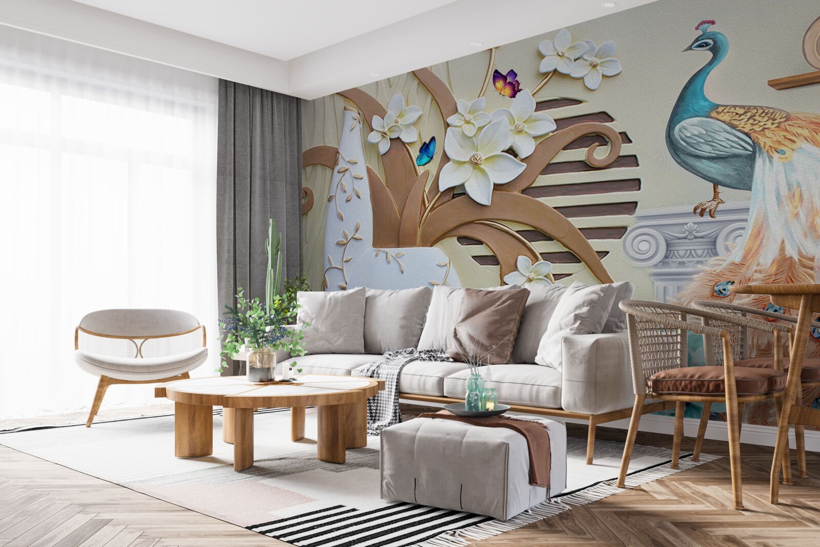 Fotobehang bloemenweelde en een pauw met een prachtige staart