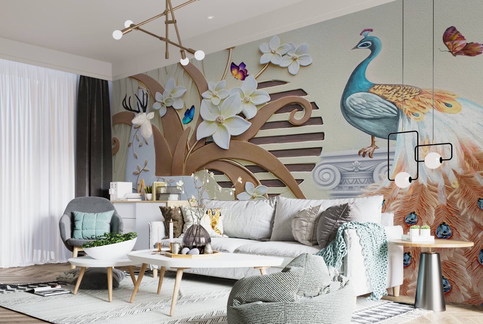 Fotobehang bloemenweelde en een pauw met een prachtige staart