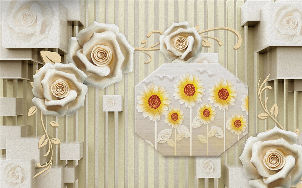 Fotobehang lichtgouden roos en zonnebloemen