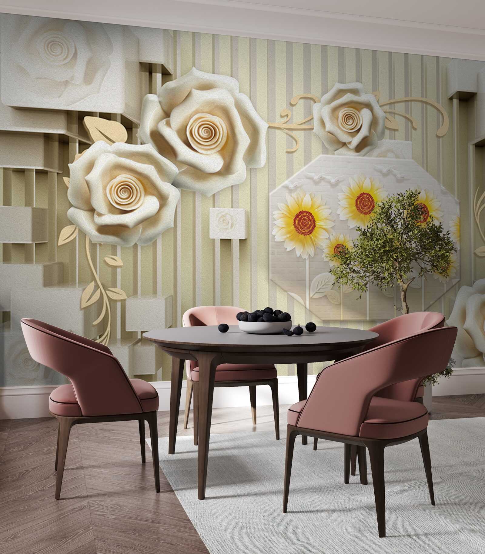 Fotobehang lichtgouden roos en zonnebloemen