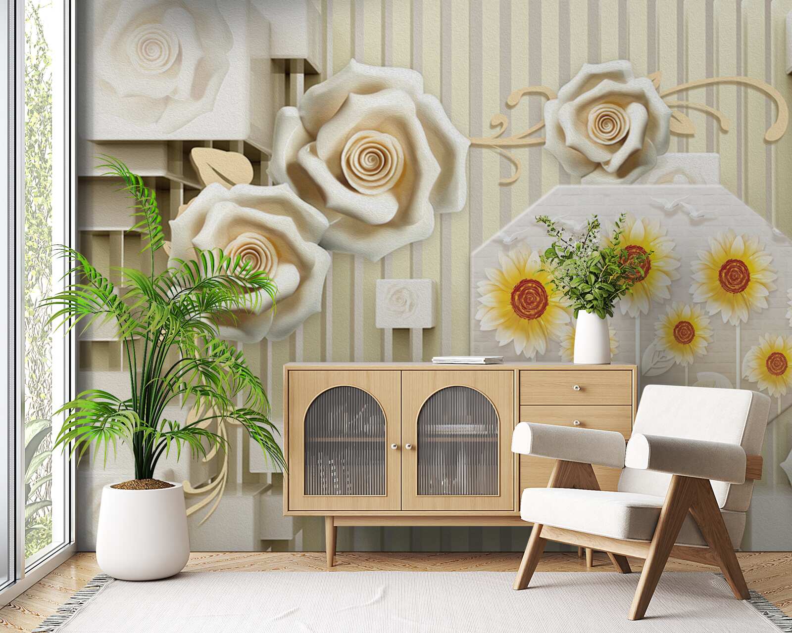 Fotobehang lichtgouden roos en zonnebloemen