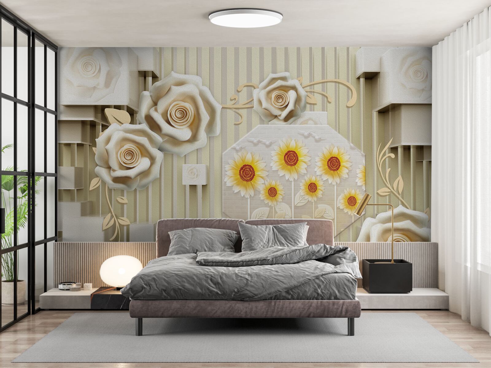 Fotobehang lichtgouden roos en zonnebloemen