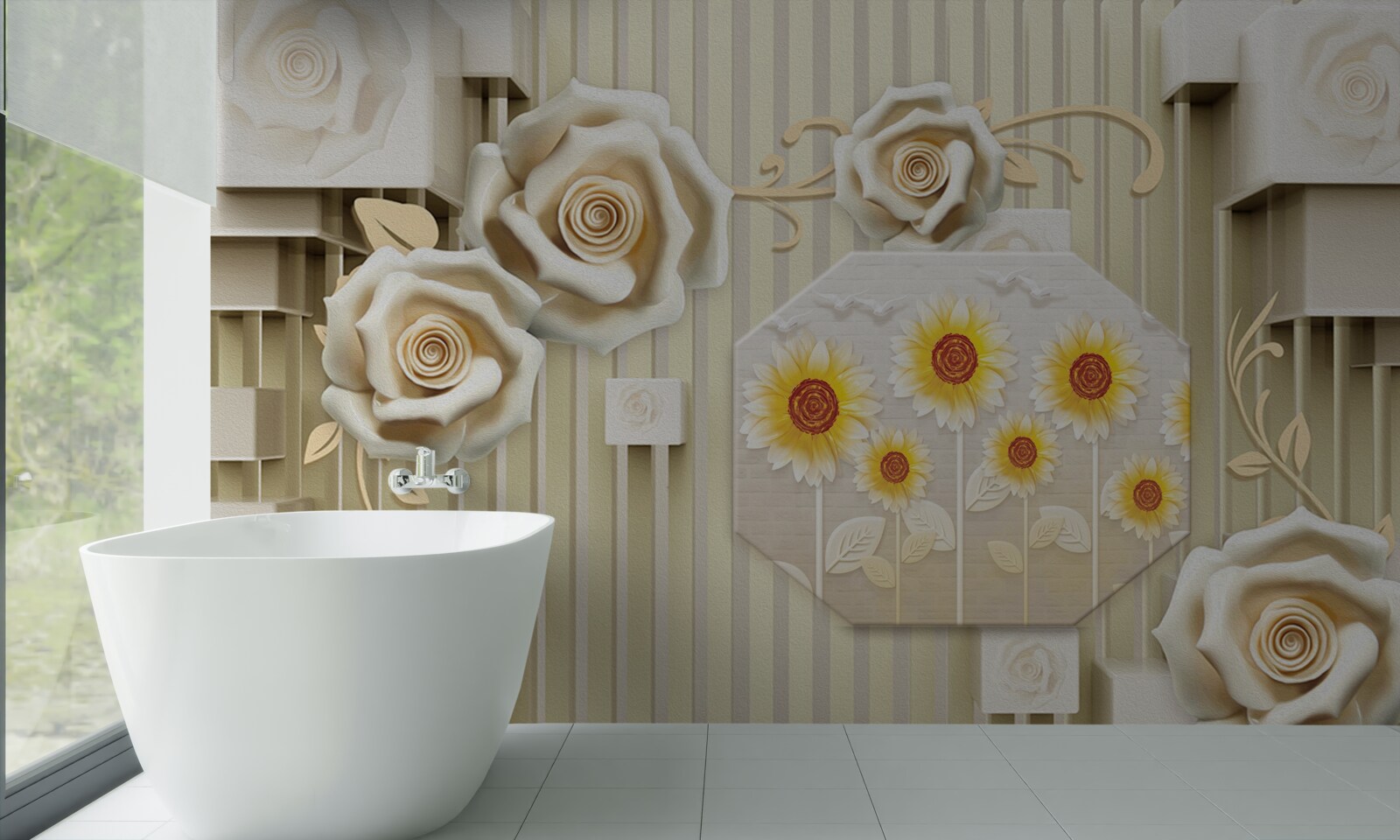 Fotobehang lichtgouden roos en zonnebloemen