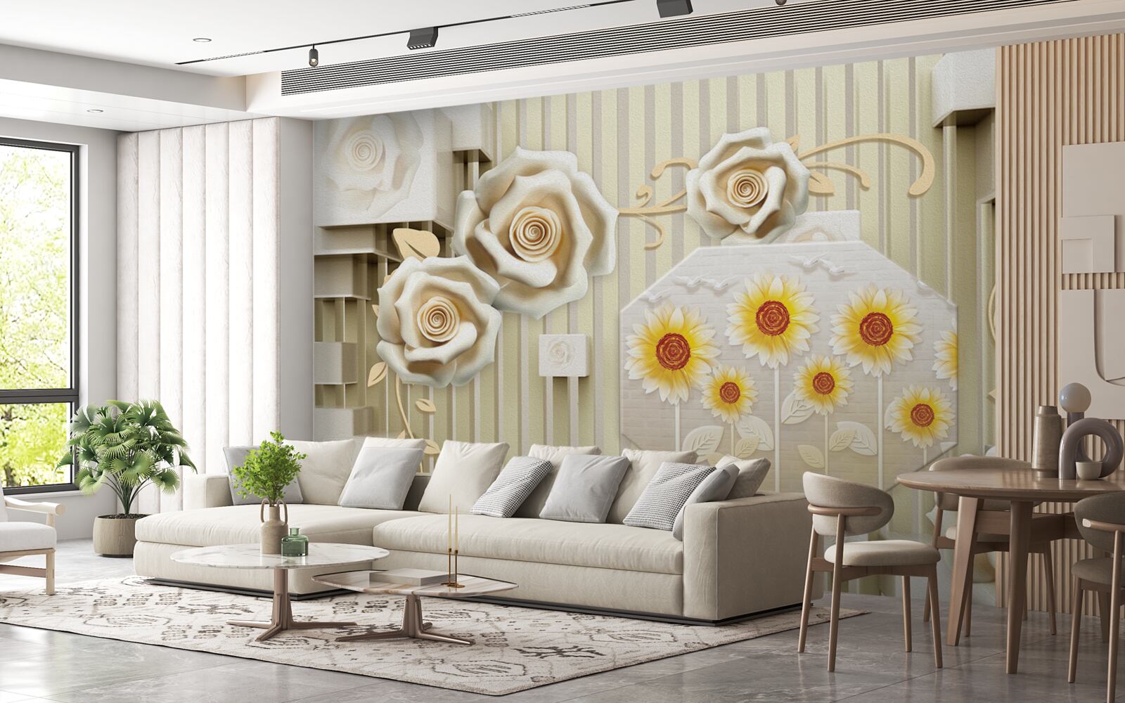 Fotobehang lichtgouden roos en zonnebloemen