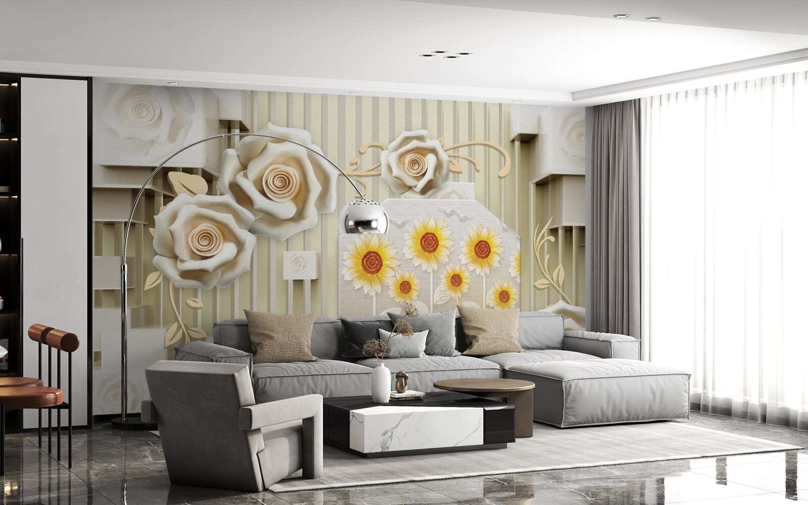 Fotobehang lichtgouden roos en zonnebloemen