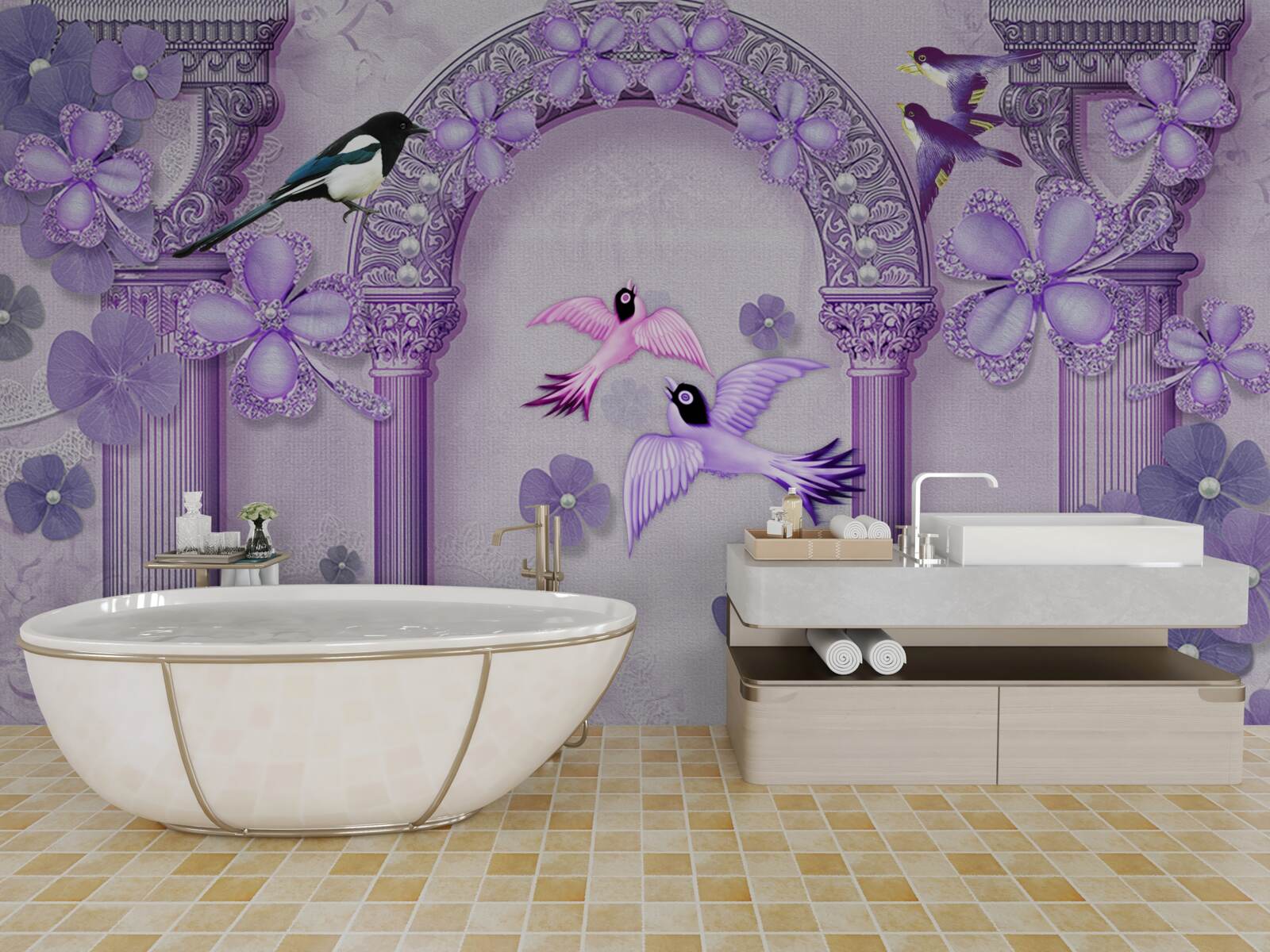 Fotobehang Bloemenboog in paarse tinten