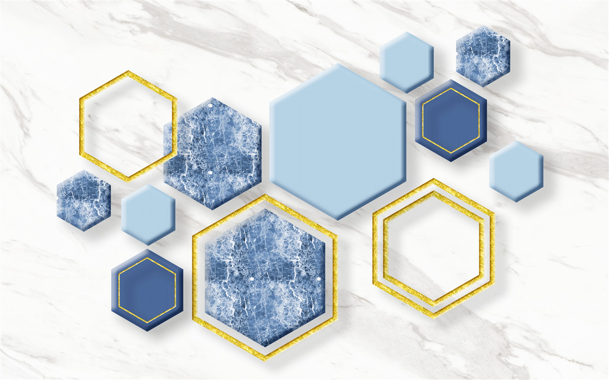 Fotobehang vijfhoekige beelden van marmer met gouden randen