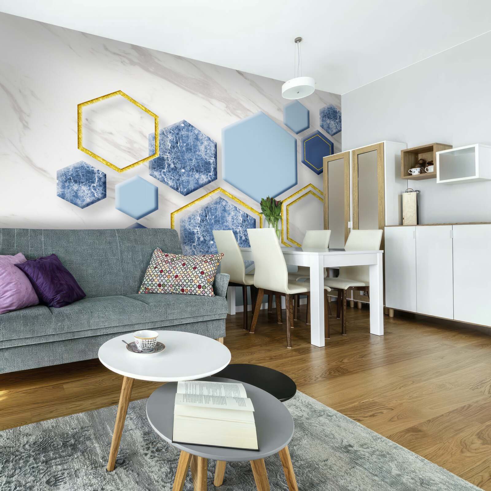 Fotobehang vijfhoekige beelden van marmer met gouden randen